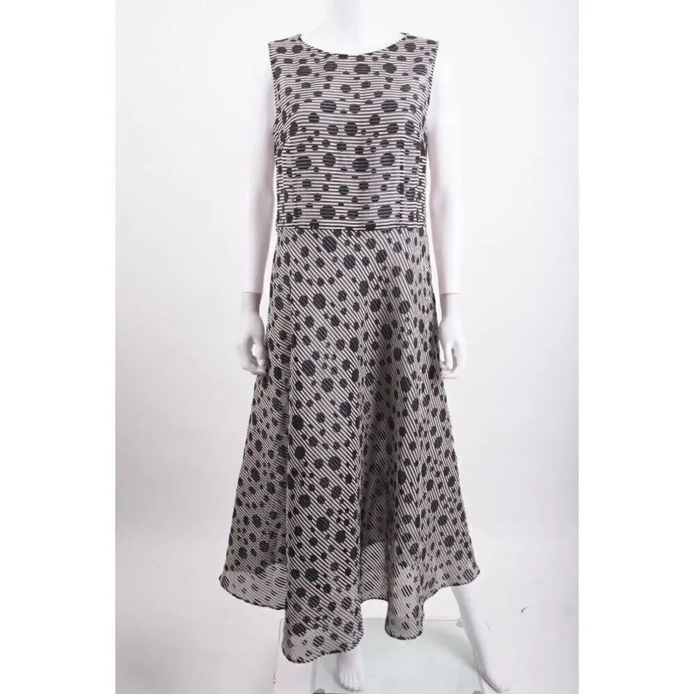 Akris Punto Womans Jacquard Dot Midi Dress Size 10 Black Polka Dot Organdy NWT